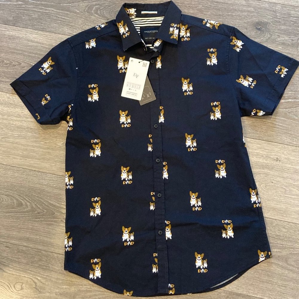 NWT men’s small corgi dad short sleeve button up shirt